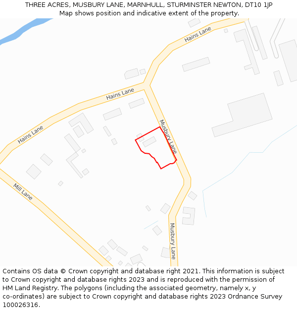 THREE ACRES, MUSBURY LANE, MARNHULL, STURMINSTER NEWTON, DT10 1JP: Location map and indicative extent of plot