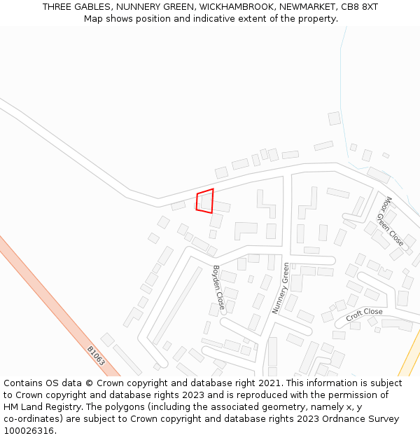 THREE GABLES, NUNNERY GREEN, WICKHAMBROOK, NEWMARKET, CB8 8XT: Location map and indicative extent of plot