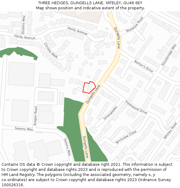 THREE HEDGES, DUNGELLS LANE, YATELEY, GU46 6EY: Location map and indicative extent of plot