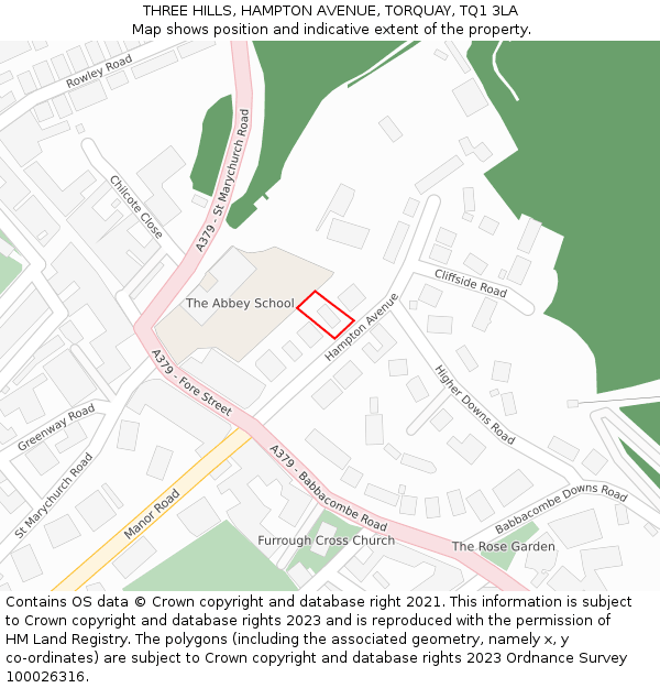 THREE HILLS, HAMPTON AVENUE, TORQUAY, TQ1 3LA: Location map and indicative extent of plot