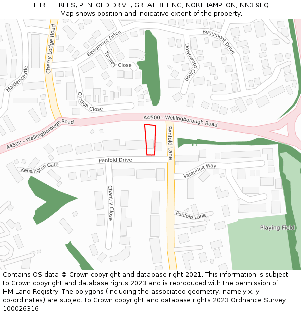 THREE TREES, PENFOLD DRIVE, GREAT BILLING, NORTHAMPTON, NN3 9EQ: Location map and indicative extent of plot