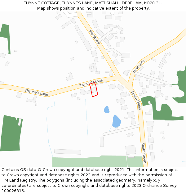 THYNNE COTTAGE, THYNNES LANE, MATTISHALL, DEREHAM, NR20 3JU: Location map and indicative extent of plot