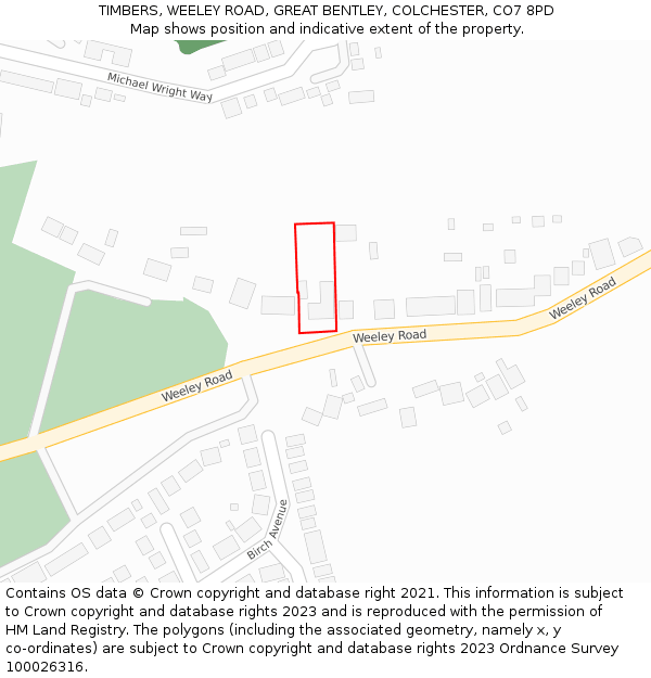 TIMBERS, WEELEY ROAD, GREAT BENTLEY, COLCHESTER, CO7 8PD: Location map and indicative extent of plot