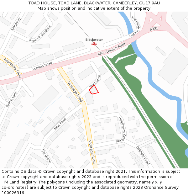 TOAD HOUSE, TOAD LANE, BLACKWATER, CAMBERLEY, GU17 9AU: Location map and indicative extent of plot