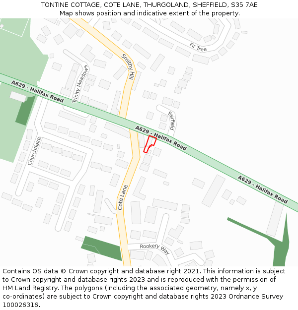 TONTINE COTTAGE, COTE LANE, THURGOLAND, SHEFFIELD, S35 7AE: Location map and indicative extent of plot