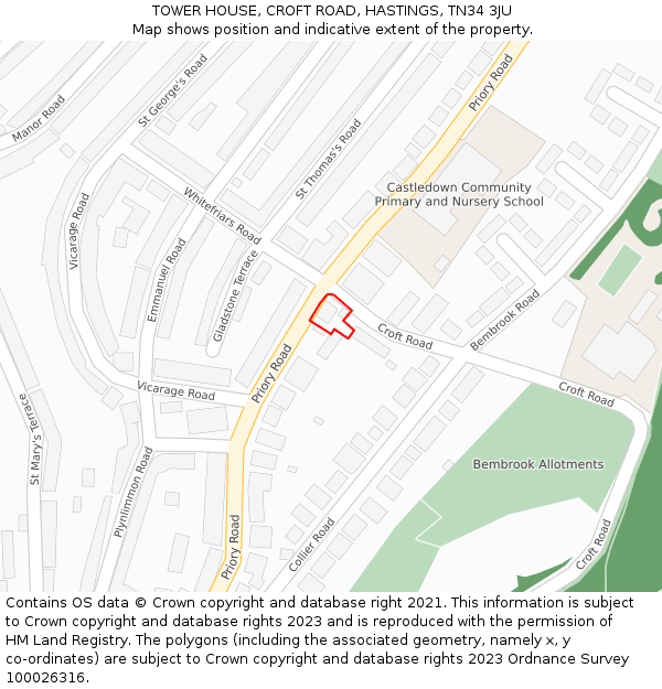 TOWER HOUSE, CROFT ROAD, HASTINGS, TN34 3JU: Location map and indicative extent of plot