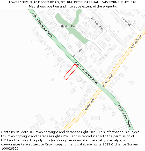 TOWER VIEW, BLANDFORD ROAD, STURMINSTER MARSHALL, WIMBORNE, BH21 4AF: Location map and indicative extent of plot