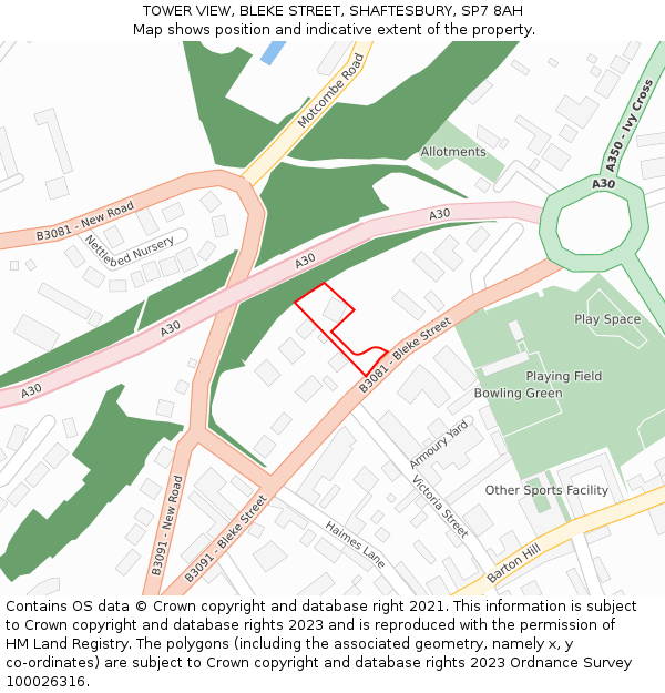 TOWER VIEW, BLEKE STREET, SHAFTESBURY, SP7 8AH: Location map and indicative extent of plot