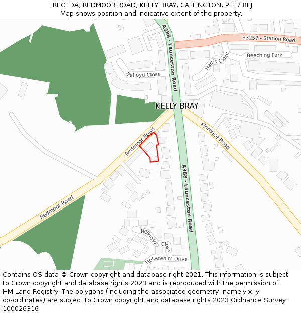 TRECEDA, REDMOOR ROAD, KELLY BRAY, CALLINGTON, PL17 8EJ: Location map and indicative extent of plot