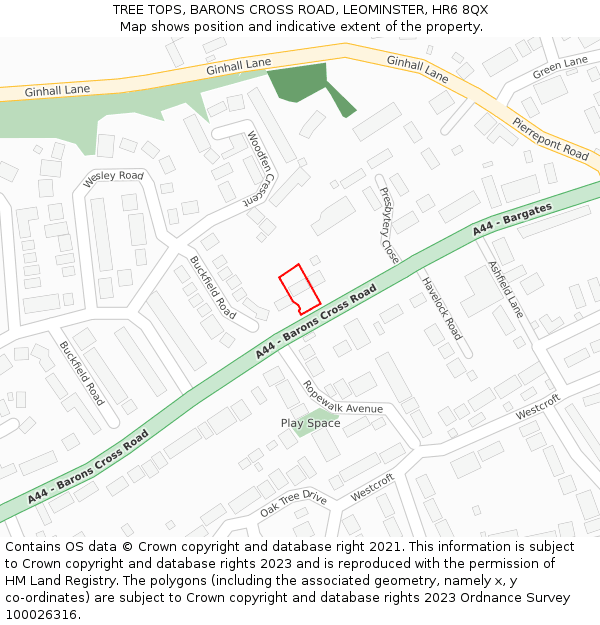 TREE TOPS, BARONS CROSS ROAD, LEOMINSTER, HR6 8QX: Location map and indicative extent of plot