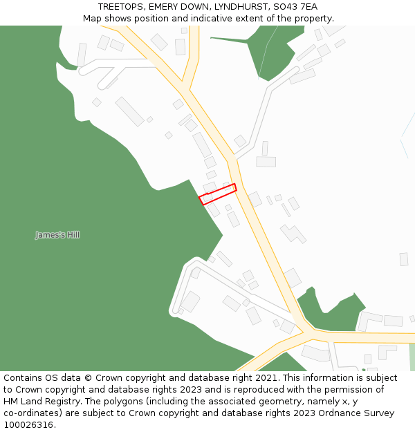 TREETOPS, EMERY DOWN, LYNDHURST, SO43 7EA: Location map and indicative extent of plot