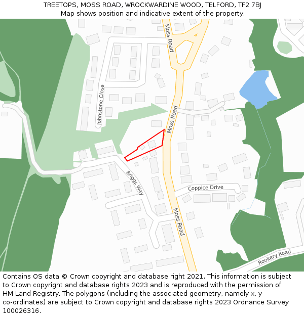 TREETOPS, MOSS ROAD, WROCKWARDINE WOOD, TELFORD, TF2 7BJ: Location map and indicative extent of plot