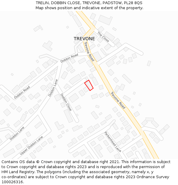 TRELIN, DOBBIN CLOSE, TREVONE, PADSTOW, PL28 8QS: Location map and indicative extent of plot
