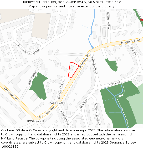 TRERICE MILLEFLEURS, BOSLOWICK ROAD, FALMOUTH, TR11 4EZ: Location map and indicative extent of plot