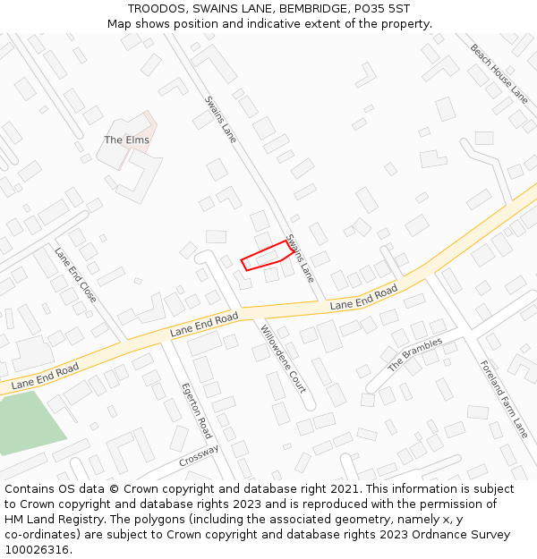 TROODOS, SWAINS LANE, BEMBRIDGE, PO35 5ST: Location map and indicative extent of plot