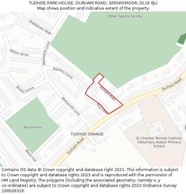 TUDHOE PARK HOUSE, DURHAM ROAD, SPENNYMOOR, DL16 6JU: Location map and indicative extent of plot