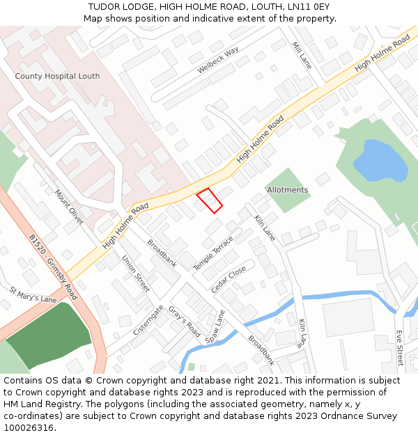 TUDOR LODGE, HIGH HOLME ROAD, LOUTH, LN11 0EY: Location map and indicative extent of plot