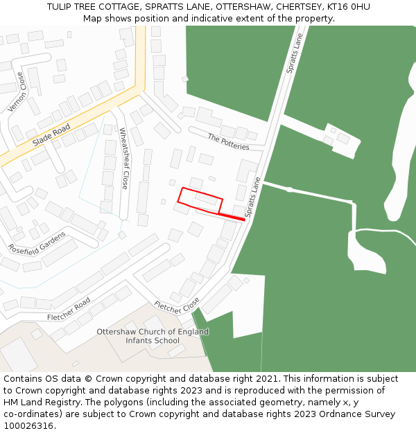 TULIP TREE COTTAGE, SPRATTS LANE, OTTERSHAW, CHERTSEY, KT16 0HU: Location map and indicative extent of plot