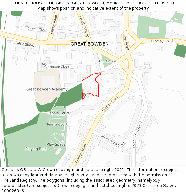 TURNER HOUSE, THE GREEN, GREAT BOWDEN, MARKET HARBOROUGH, LE16 7EU: Location map and indicative extent of plot