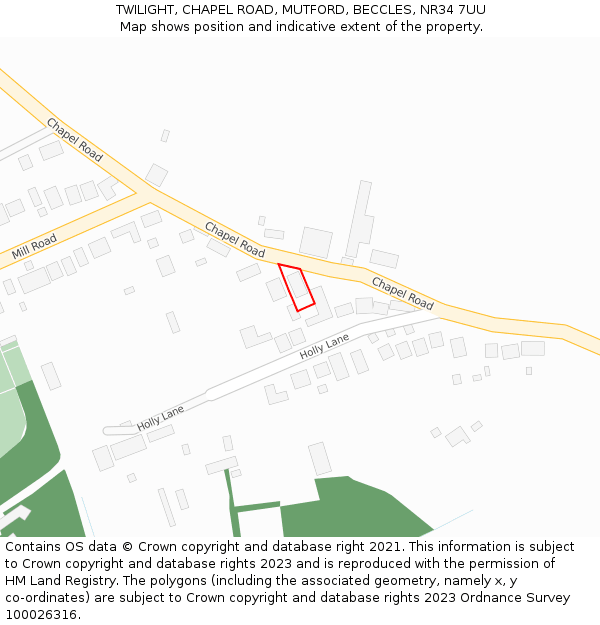 TWILIGHT, CHAPEL ROAD, MUTFORD, BECCLES, NR34 7UU: Location map and indicative extent of plot