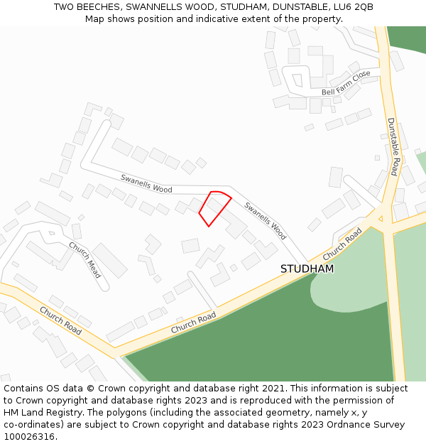 TWO BEECHES, SWANNELLS WOOD, STUDHAM, DUNSTABLE, LU6 2QB: Location map and indicative extent of plot