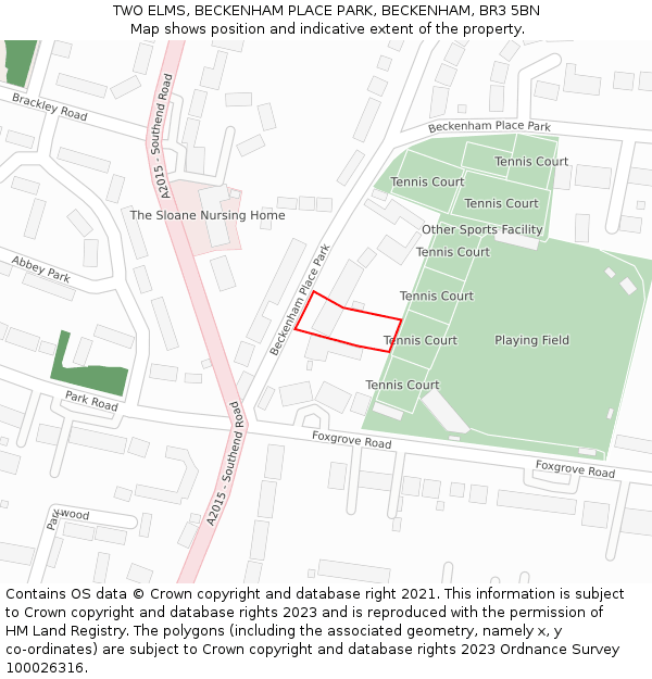 TWO ELMS, BECKENHAM PLACE PARK, BECKENHAM, BR3 5BN: Location map and indicative extent of plot