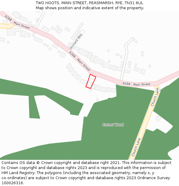 TWO HOOTS, MAIN STREET, PEASMARSH, RYE, TN31 6UL: Location map and indicative extent of plot