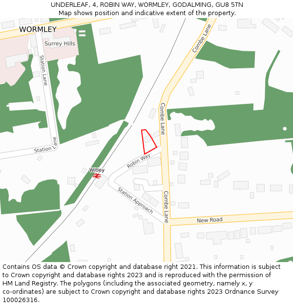 UNDERLEAF, 4, ROBIN WAY, WORMLEY, GODALMING, GU8 5TN: Location map and indicative extent of plot