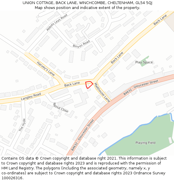 UNION COTTAGE, BACK LANE, WINCHCOMBE, CHELTENHAM, GL54 5QJ: Location map and indicative extent of plot