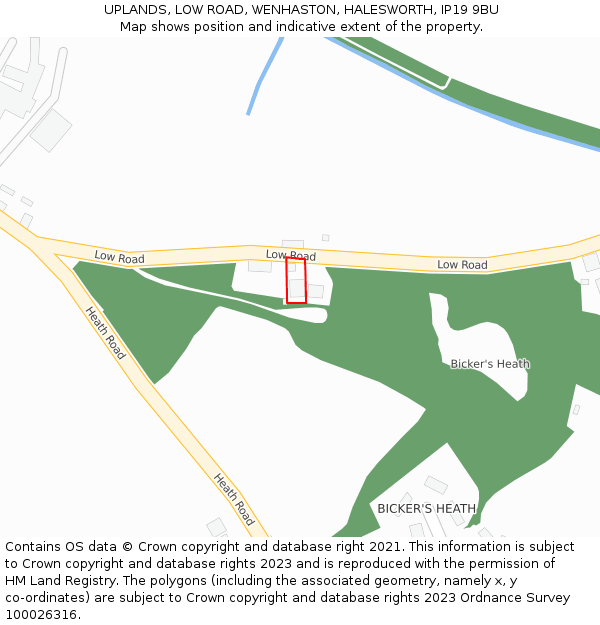 UPLANDS, LOW ROAD, WENHASTON, HALESWORTH, IP19 9BU: Location map and indicative extent of plot