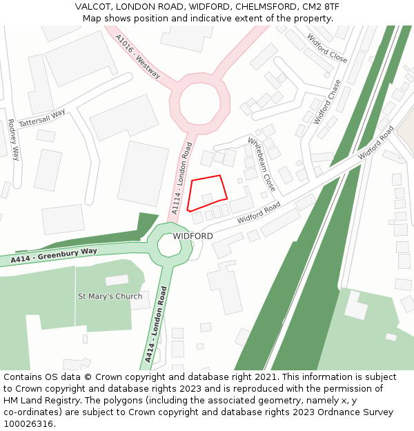 VALCOT, LONDON ROAD, WIDFORD, CHELMSFORD, CM2 8TF: Location map and indicative extent of plot