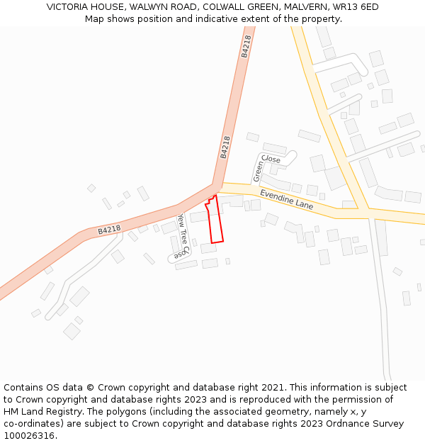 VICTORIA HOUSE, WALWYN ROAD, COLWALL GREEN, MALVERN, WR13 6ED: Location map and indicative extent of plot