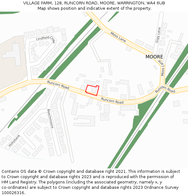 VILLAGE FARM, 128, RUNCORN ROAD, MOORE, WARRINGTON, WA4 6UB: Location map and indicative extent of plot