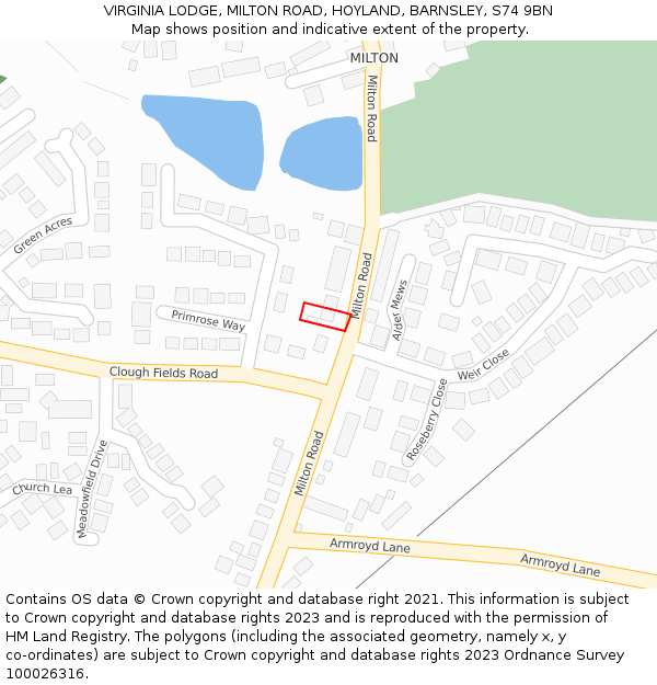VIRGINIA LODGE, MILTON ROAD, HOYLAND, BARNSLEY, S74 9BN: Location map and indicative extent of plot