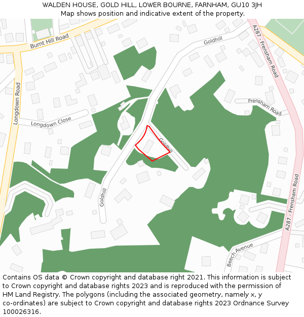 WALDEN HOUSE, GOLD HILL, LOWER BOURNE, FARNHAM, GU10 3JH: Location map and indicative extent of plot