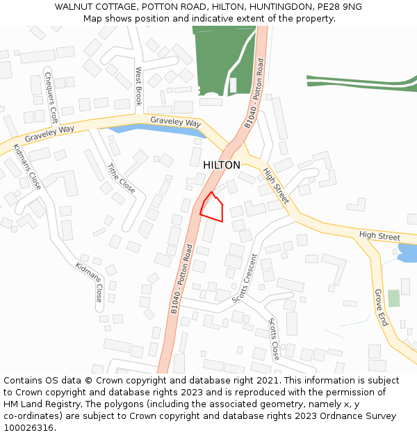 WALNUT COTTAGE, POTTON ROAD, HILTON, HUNTINGDON, PE28 9NG: Location map and indicative extent of plot