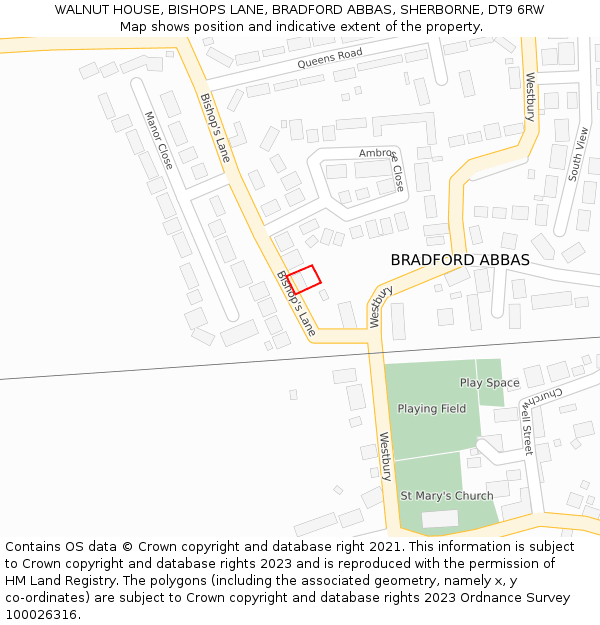 WALNUT HOUSE, BISHOPS LANE, BRADFORD ABBAS, SHERBORNE, DT9 6RW: Location map and indicative extent of plot
