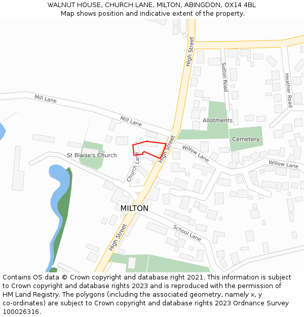 WALNUT HOUSE, CHURCH LANE, MILTON, ABINGDON, OX14 4BL: Location map and indicative extent of plot
