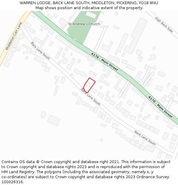 WARREN LODGE, BACK LANE SOUTH, MIDDLETON, PICKERING, YO18 8NU: Location map and indicative extent of plot