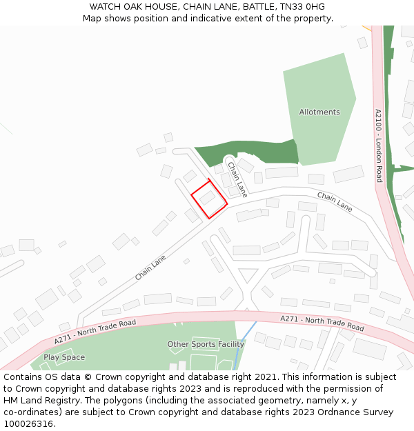 WATCH OAK HOUSE, CHAIN LANE, BATTLE, TN33 0HG: Location map and indicative extent of plot