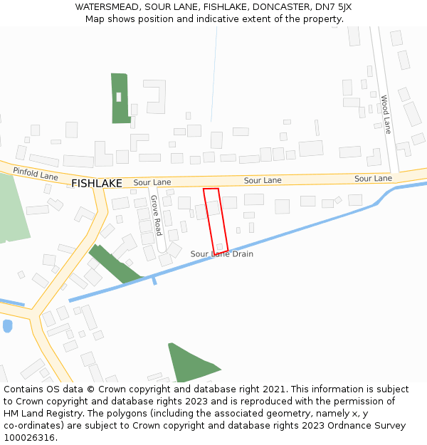 WATERSMEAD, SOUR LANE, FISHLAKE, DONCASTER, DN7 5JX: Location map and indicative extent of plot