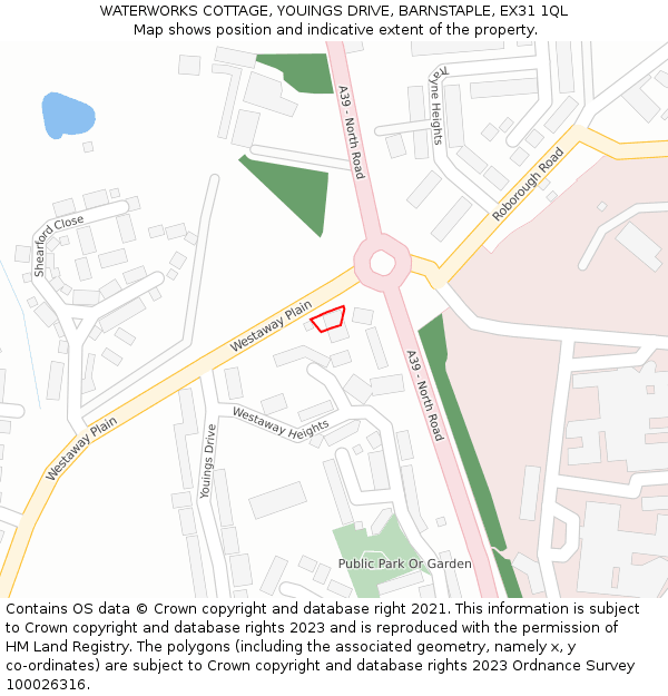 WATERWORKS COTTAGE, YOUINGS DRIVE, BARNSTAPLE, EX31 1QL: Location map and indicative extent of plot
