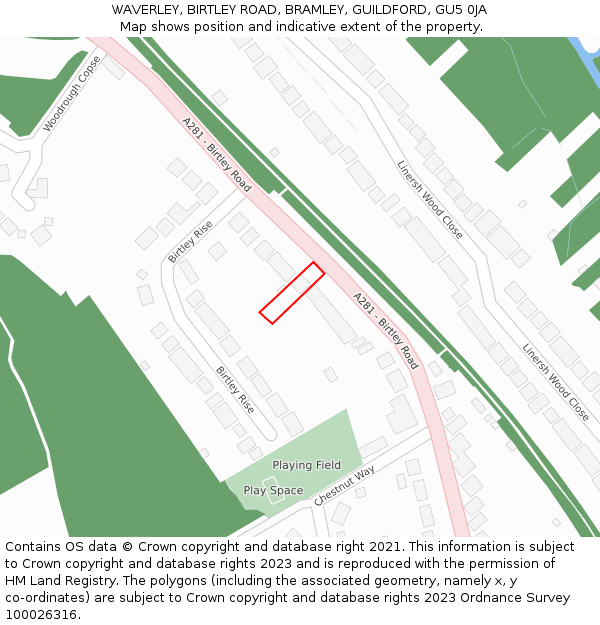 WAVERLEY, BIRTLEY ROAD, BRAMLEY, GUILDFORD, GU5 0JA: Location map and indicative extent of plot