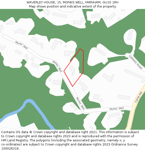 WAVERLEY HOUSE, 15, MONKS WELL, FARNHAM, GU10 1RH: Location map and indicative extent of plot
