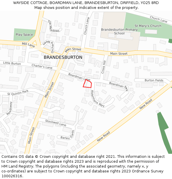 WAYSIDE COTTAGE, BOARDMAN LANE, BRANDESBURTON, DRIFFIELD, YO25 8RD: Location map and indicative extent of plot