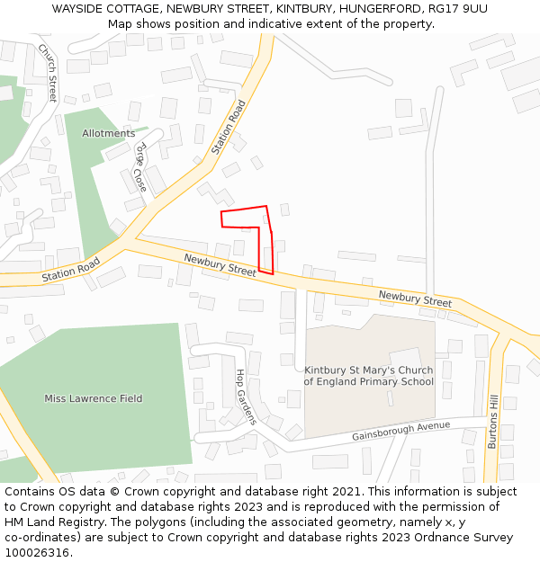 WAYSIDE COTTAGE, NEWBURY STREET, KINTBURY, HUNGERFORD, RG17 9UU: Location map and indicative extent of plot