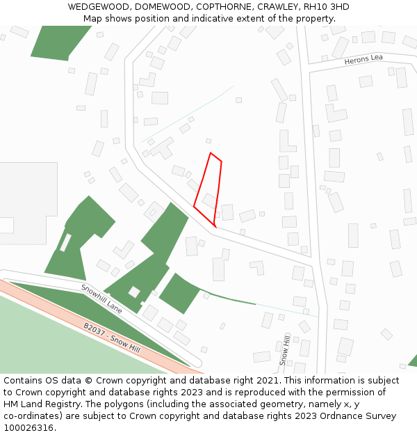 WEDGEWOOD, DOMEWOOD, COPTHORNE, CRAWLEY, RH10 3HD: Location map and indicative extent of plot