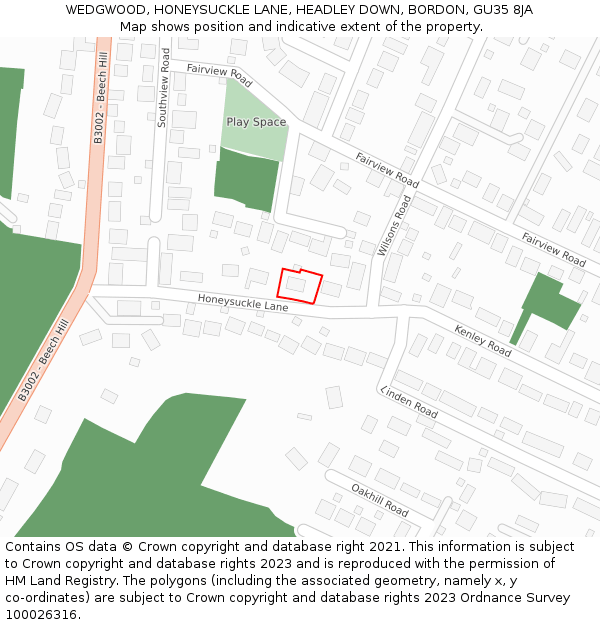 WEDGWOOD, HONEYSUCKLE LANE, HEADLEY DOWN, BORDON, GU35 8JA: Location map and indicative extent of plot