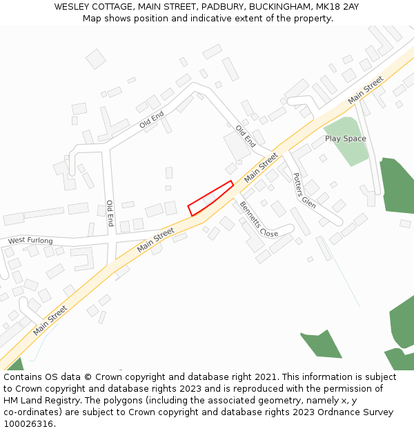 WESLEY COTTAGE, MAIN STREET, PADBURY, BUCKINGHAM, MK18 2AY: Location map and indicative extent of plot