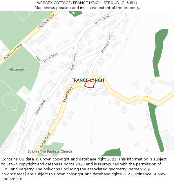 WESSEX COTTAGE, FRANCE LYNCH, STROUD, GL6 8LU: Location map and indicative extent of plot